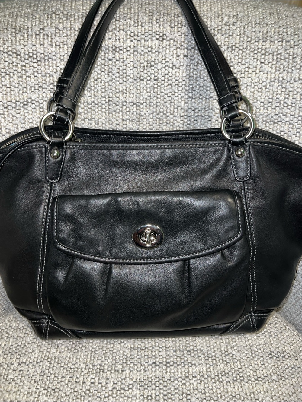 Coach Leah Black Leather Shoulder Bag with Light Blue Interior